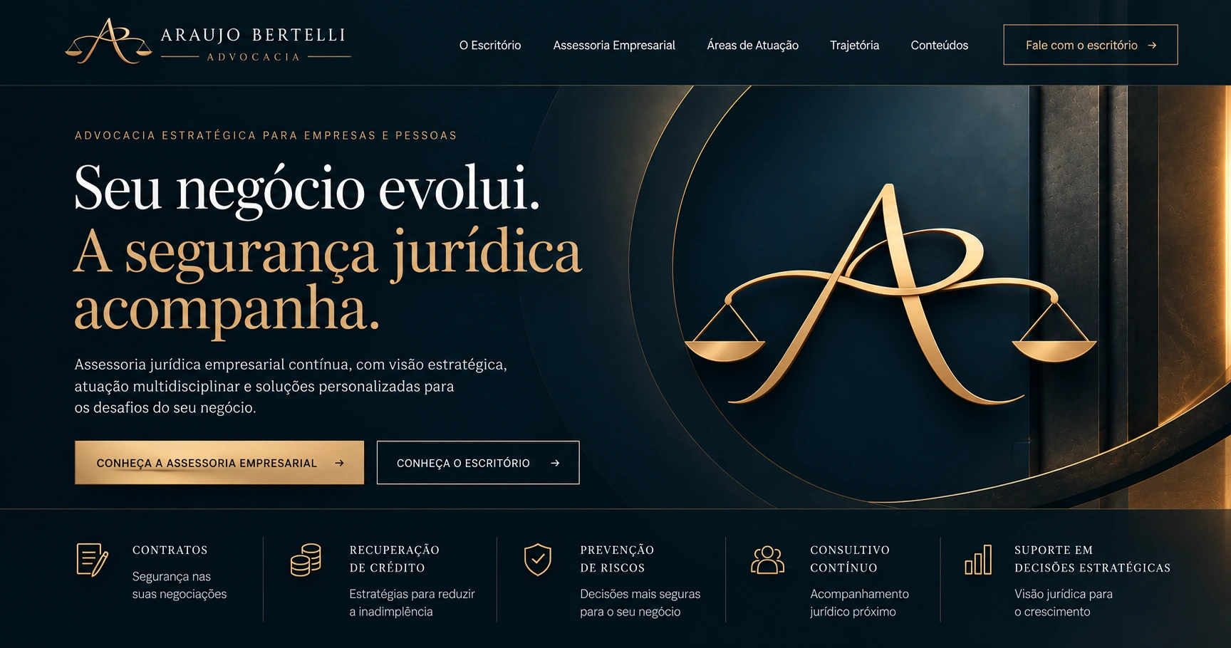 Araujo Bertelli Advocacia. Seu negócio evolui. A segurança jurídica acompanha. Monograma AB dourado, iluminação lateral e cinco frentes de atuação.